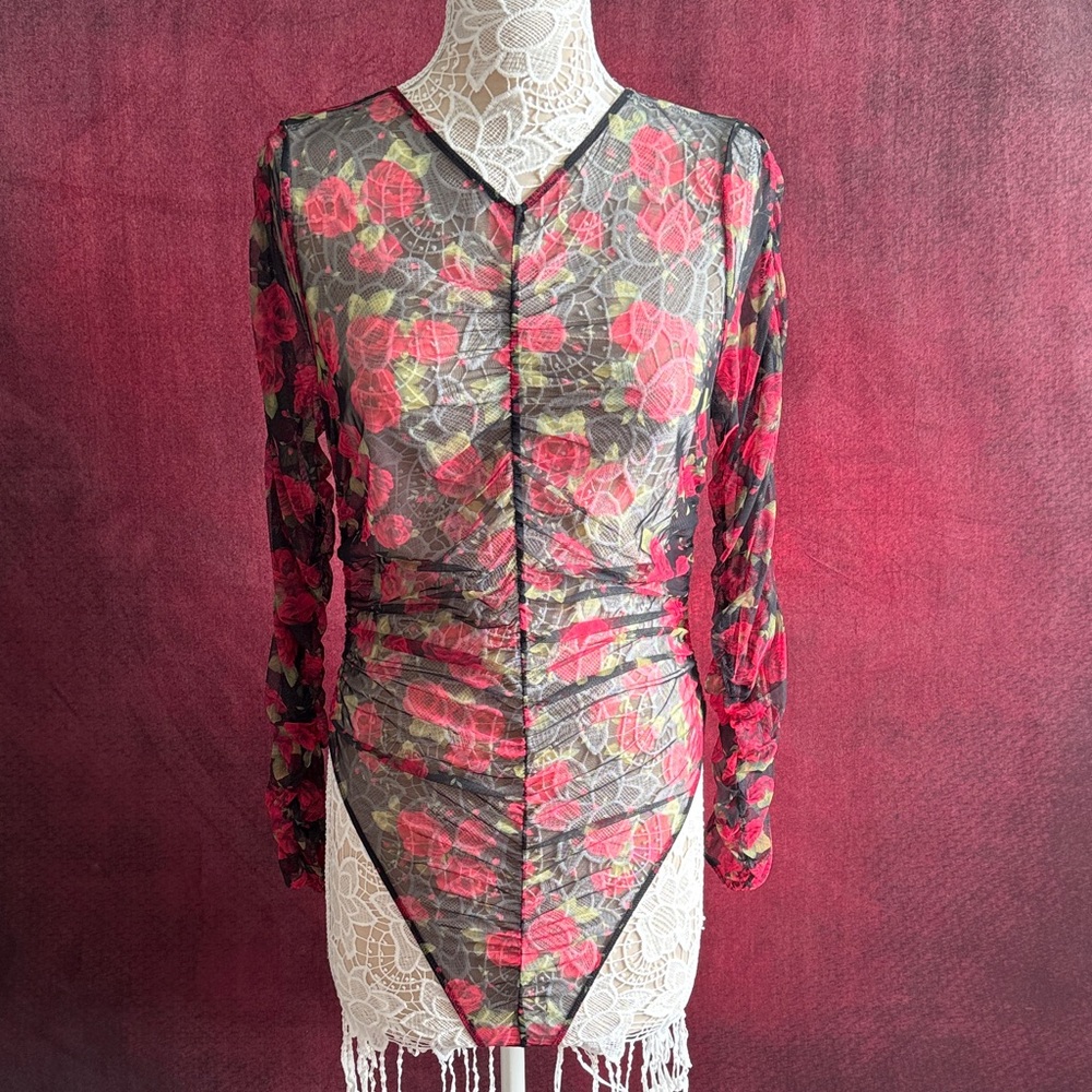 Victoria's Secret Red Flowers and Black Lace Bodysuit